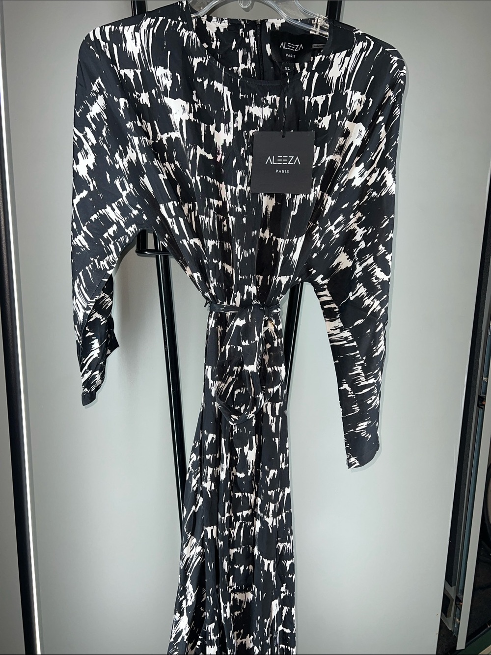 Aleeza Paris Black & White Long Sleeve Maxi Dress with Belted Waist